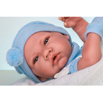Papusa bebe realist Toqui-baiat cu paturica, cu articulatii, alb-albastru, corp realist anatomic, Antonio Juan