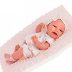 Papusa bebe realist Clara cu salteluta pufoasa, corp anatomic corect, alb-roz pal, Antonio Juan