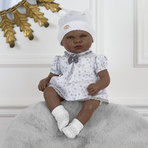 Papusa fetita negresa, Sasha cu hainute albe, cu mecanism de ras, 46 cm, Guca