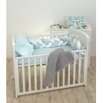 Aparatoare laterala pat Bumper impletit, Cu inchidere velcro, Bumbac, Alb - Gri - Mint, 180X21 cm