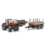 BRUDER - TRACTOR MASSEY FERGUSON 7480 CU INCARCATOR FRONTAL SI REMORCA PENTRU LEMNE