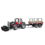 BRUDER - TRACTOR MASSEY FERGUSON 7480 CU INCARCATOR FRONTAL SI REMORCA PENTRU LEMNE