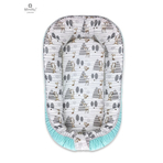 MimiNu - Cosulet bebelus pentru dormit cu doua fete, Baby Nest 105x66 cm, Husa 100% bumbac si catifea moale, Cu salteluta din burete, Detasabila, Velvet Forest/Mint