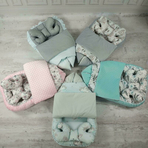 MimiNu - Set 4 in 1 Cosulet bebelus Baby Cocoon 75x55 cm, Husa 100% bumbac, Cu paturica cu doua fete 50x70 cm, Cu salteluta 60x32 cm, Cu perna fluture cu doua fete 40x27 cm, Forest friends Grey/Mint