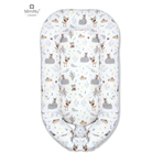 MimiNu - Cosulet bebelus pentru dormit cu doua fete, Baby Nest 105x66 cm, Husa 100% bumbac si catifea moale, Cu salteluta din burete, Detasabila, Velvet Forest Friends Grey/Beige