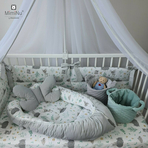 MimiNu - Set 4 in 1 Cosulet bebelus Baby Cocoon 75x55 cm, Husa 100% bumbac, Cu paturica cu doua fete 50x70 cm, Cu salteluta 60x32 cm, Cu perna fluture cu doua fete 40x27 cm, Forest friends Grey/Mint