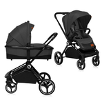 Lionelo - Carucior compact Mika, 2 in 1, Cadru din aluminiu, Cu landou intarit si salteluta moale, Reversibil, Maner ajustabil, Huse pentru picioare, Plasa de tantari, Husa de ploaie, Pana la 22 kg, Gri Inchis