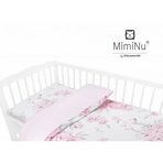 MimiNu - Lenjerie patut cu 4 piese, Cu doua protectii laterale, Peonie Pink, Din bumbac, Pentru patut 120x60 cm