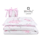 MimiNu - Lenjerie patut cu 4 piese, Cu doua protectii laterale, Peonie Pink, Din bumbac, Pentru patut 120x60 cm