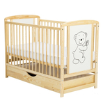 Patut din lemn Timmi 120x60 cm, Cu sertar cu capac, Din lemn de pin si mdf, Stabil si rezistent, Inaltime saltea reglabila pe 3 nivele, Laterala cu 3 bete detasabile, Natur + Saltea 10 cm