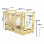 Patut din lemn Timmi 120x60 cm, Cu sertar cu capac, Din lemn de pin si mdf, Stabil si rezistent, Inaltime saltea reglabila pe 3 nivele, Laterala cu 3 bete detasabile, Natur + Saltea 10 cm