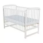 Patut din lemn Ola 120x60 cm, Cu laterala culisanta, Din lemn de pin, Stabil si rezistent, Inaltime saltea reglabila pe 3 nivele, Laterala cu 3 bete detasabile, Alb + Saltea 8 cm