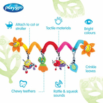 Spirala cu jucarii multifunctionale pentru carucior, scoica auto si patut, Cu jucarie de dentitie, Amazing Garden Twirly Whirly, 33 cm, Playgro