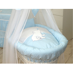 Cos bebe cu suport pe roti, saltea, lenjerie si baldachin, Bear Heart Blue
