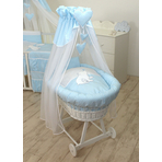 Cos bebe cu suport pe roti, saltea, lenjerie si baldachin, Bear Heart Blue