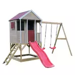 Casuta de gradina Summer Adventure House cu platforma cu loc pentru nisip, tobogan si leagan dublu (M29R), Wendi Toys