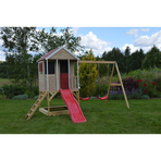 Casuta de gradina Summer Adventure House cu platforma cu loc pentru nisip, tobogan si leagan dublu (M29R), Wendi Toys