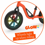 Bicicleta de echilibru usoara Charlie Glow, Cu ghidon si sa reglabile, Cu spite luminoase, Greutate 2.5 Kg, Cu roti din spuma EVA, 10 inch, Pentru 18 luni - 48 luni, Chillafish, Orange