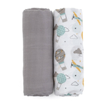 Petite&Mars - Set 2 scutece din muselina de bambus Misty Grey Planes, Hipoalergenice, Dimensiuni mari 120 x 120 cm, Certificate Oeko Tex Standard 100, Multicolor