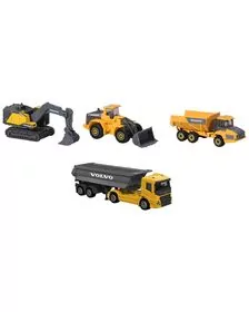 Set Majorette Volvo camion cu remorca, camion basculant, buldozer si excavator