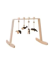 Centru de activitati pentru bebelusi Baby Gym, cu 4 jucarii natur-negru animale, lemn, Mobbli