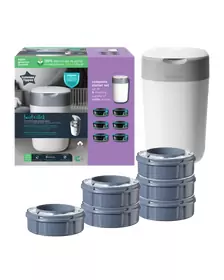 Pachet Cos pentru scutece + 6 Rezerve Tommee Tippee Sangenic Twist and Click Reciclabil, Alb / Gri