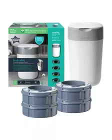 Pachet Cos pentru scutece + 4 Rezerve Tommee Tippee Sangenic Twist and Click Reciclabil, Alb / Gri