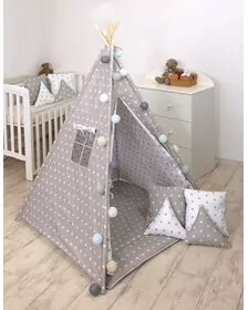 Cort de joaca Stars Reversibil, Cu saltea impermeabila inclusa, Indian Teepee din Bumbac, Alb Gri