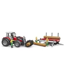 BRUDER - TRACTOR MASSEY FERGUSON 7480 CU INCARCATOR FRONTAL SI REMORCA PENTRU LEMNE