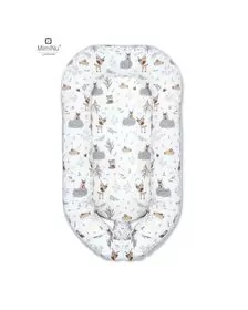 MimiNu - Cosulet bebelus pentru dormit cu doua fete, Baby Nest 105x66 cm, Husa 100% bumbac si catifea moale, Cu salteluta din burete, Detasabila, Velvet Forest Friends Grey/Beige
