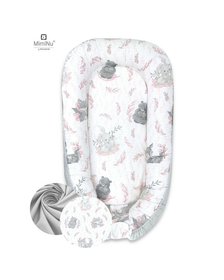 MimiNu - Cosulet bebelus pentru dormit cu doua fete, Baby Nest 105x66 cm, Husa 100% bumbac, Cu salteluta din burete, Detasabila, Lulu Rose/Grey