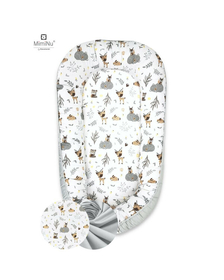 MimiNu - Cosulet bebelus pentru dormit cu doua fete, Baby Nest 105x66 cm, Husa 100% bumbac, Cu salteluta din burete, Detasabila, Forest Friends Grey/Beige