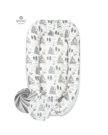 MimiNu - Cosulet bebelus pentru dormit cu doua fete, Baby Nest 105x66 cm, Husa 100% bumbac, Cu salteluta din burete, Detasabila, Forest/Grey