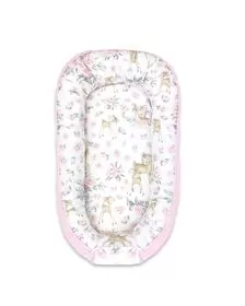 MimiNu - Cosulet bebelus pentru dormit cu doua fete, Baby Nest 105x66 cm, Husa 100% bumbac si catifea moale, Cu salteluta din burete, Detasabila, Velvet Sweet Deer Pink