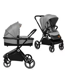 Lionelo - Carucior compact Mika, 2 in 1, Cadru din aluminiu, Cu landou intarit si salteluta moale, Reversibil, Maner ajustabil, Huse pentru picioare, Plasa de tantari, Husa de ploaie, Pana la 22 kg, Gri Deschis