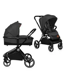 Lionelo - Carucior compact Mika, 2 in 1, Cadru din aluminiu, Cu landou intarit si salteluta moale, Reversibil, Maner ajustabil, Huse pentru picioare, Plasa de tantari, Husa de ploaie, Pana la 22 kg, Gri Inchis