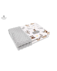 MimiNu - Paturica pufoasa cu doua fete, Dimensiune 75x100 cm, Din tesatura minky si bumbac, Forest Friends Beige