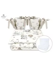 MimiNu - Set lenjerie patut cu 6 piese, Cu pilota si perna, Cu doua aparatori laterale, Din bumbac, Pentru patut 120x60 cm, Design, Seal Beige