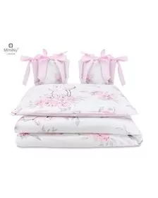 MimiNu - Lenjerie patut cu 4 piese, Cu doua protectii laterale, Peonie Pink, Din bumbac, Pentru patut 120x60 cm