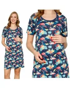 Qmini - Camasa de alaptat, XL, Din bumbac, Cu capse oblice, Flamingos