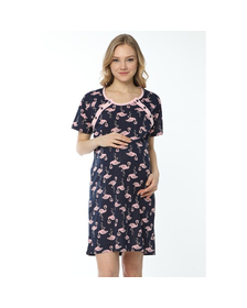 Qmini - Camasa de alaptat, Din bumbac, Cu nasturi, Pink Flamingos, Masura XL