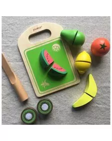 Joueco - Set fructe feliate cu inchidere arici velcro, Din lemn lemn certificat FSC, 12 luni+, 14 piese, Multicolor