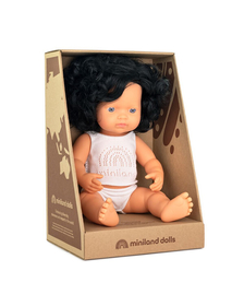 Papusa educativa 38 cm Fetita caucaziana cu par negru si ondulat