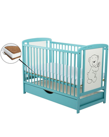 Patut din lemn Timmi 120x60 cm, Cu sertar cu capac, Din lemn de pin si mdf, Stabil si rezistent, Inaltime saltea reglabila pe 3 nivele, Laterala cu 3 bete detasabile, Mint + Saltea 10 cm