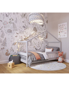 Patut tip casuta YappyHytte Bed din lemn certificat FSC, Transformabil in casuta de joaca, Cu bariera de protectie, In stil scandinav, Yappy Kids, 160x80 cm, Gri