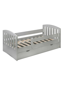 Patut junior cu sertar compartimentat YappyLux din lemn, Cu laterala de protectie, YappyKids, 160x80 cm, Gri