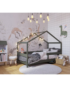 Patut tip casuta YappyHytte Bed din lemn certificat FSC, Transformabil in casuta de joaca, Cu bariera de protectie, In stil scandinav, Yappy Kids, 160x80 cm, Verde