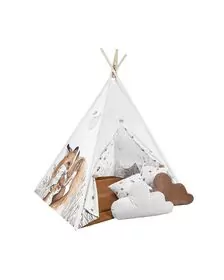 Cort de joaca Fox, saltea impermeabila inclusa, 4 perne, Indian Teepee din Bumbac, BabySteps