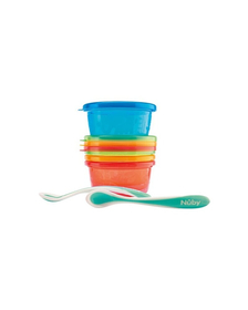 Nuby - Set de masa, 300 ml, 3 luni+, Cu 4 recipiente, 4 capace, 2 linguri, Multicolor