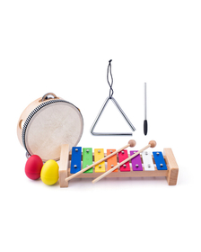 Jucarie din lemn - Triunghi, xilofon, tamburina, 2 maracas